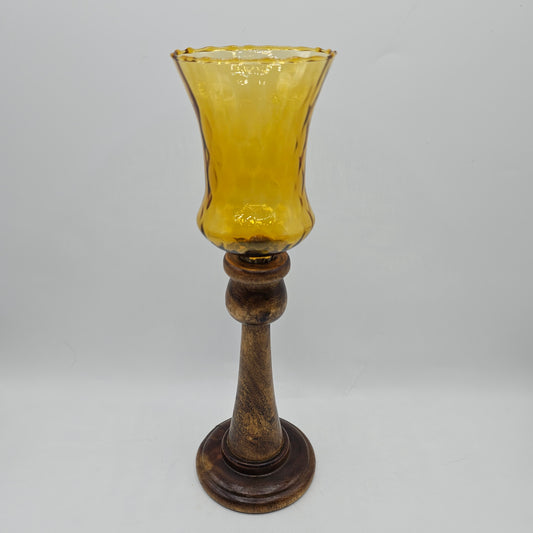 Vintage Turned Wood Candlestick (Repaired) with Amber Glass Peg Shade