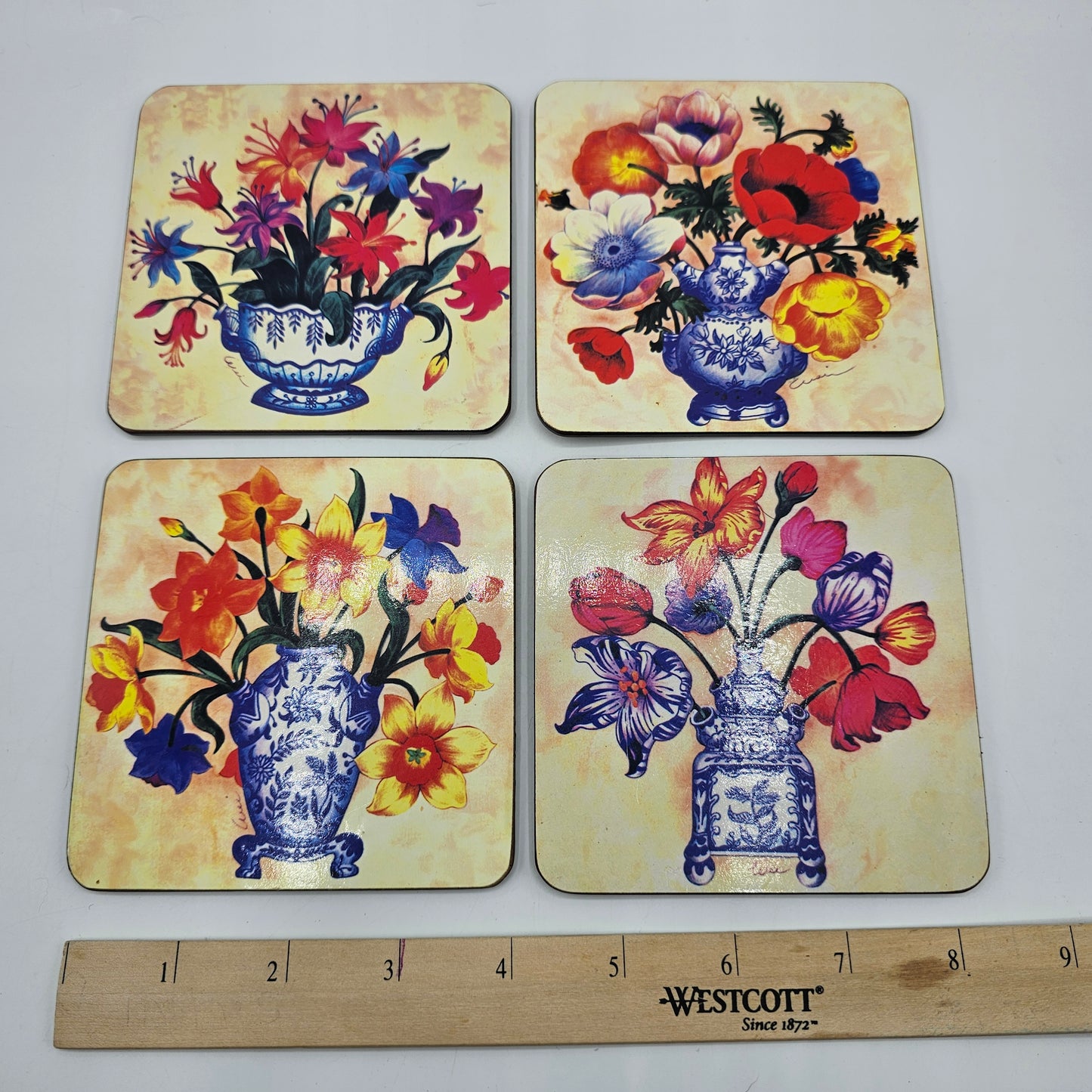 Flowers in Delft Blue Chinoiserie Vases - Cork Backed Coasters - Home Essentials by Godinger - Set of 4 Different Designs
