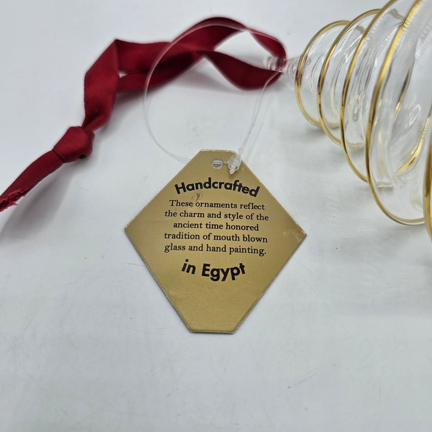 Egyptian Blown Glass with Gold Christmas Tree Ornament with Red Ribbon in Original Box