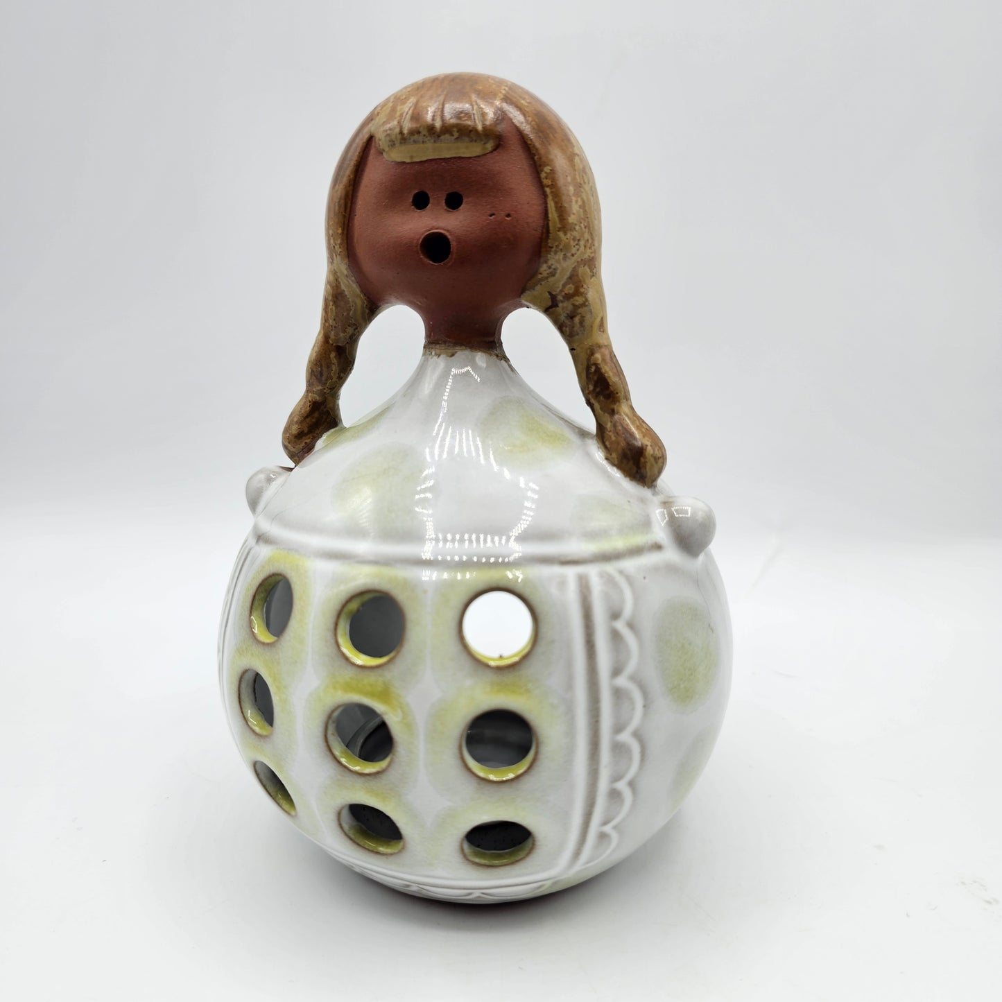 Vintage Scandinavian pottery candle holder 1970s girl with green dots glaze
