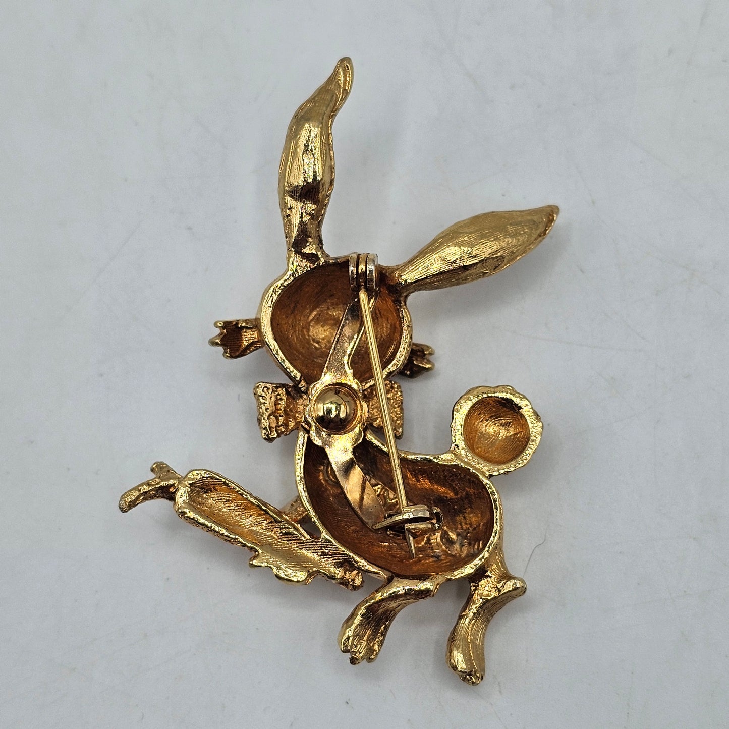Bunny Rabbit with Carrot Pin Back Brooch - Gold Tone