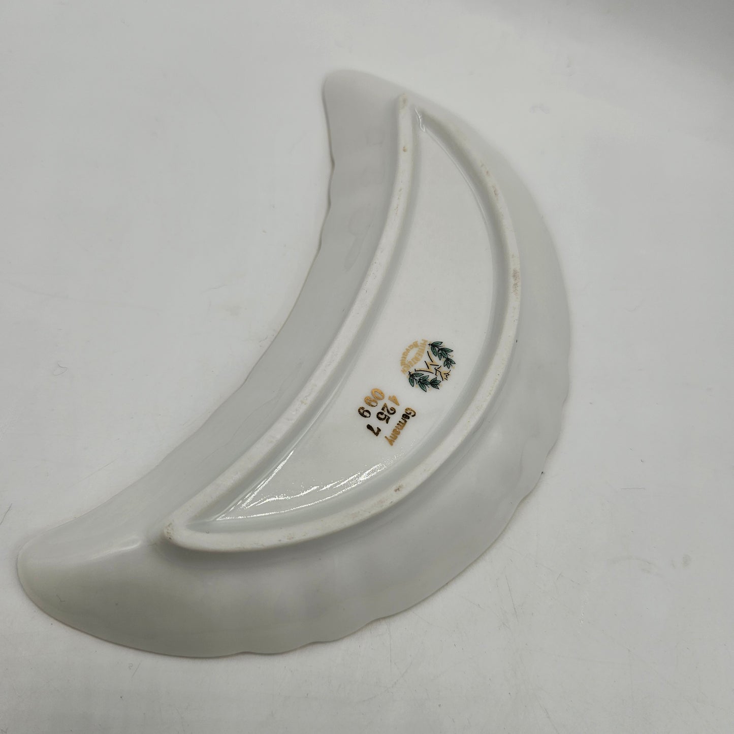 Vintage Mitterteich Bavaria Germany Crescent Fish Bone Dish with Gold Rim and Pink Dogwood Design