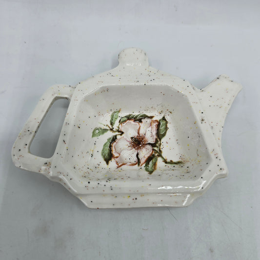 Ceramic Teapot Shaped Spoon Rest / Tea Bag Holder with Transferware Dogwood Flower - Speckled Finish