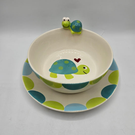 Hand Painted Turtle Bowl with Turtle Figure and Plate by Pasabahce Magazalan