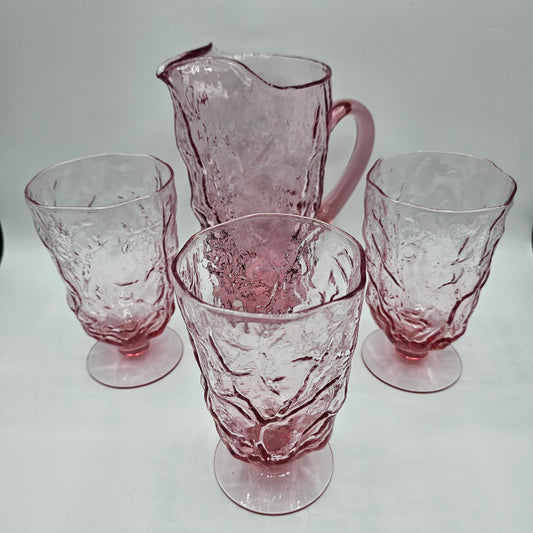 Pink Crinkle Glass Jug and 3 Pedestal Stemmed Wine Glass Goblets by Seneca