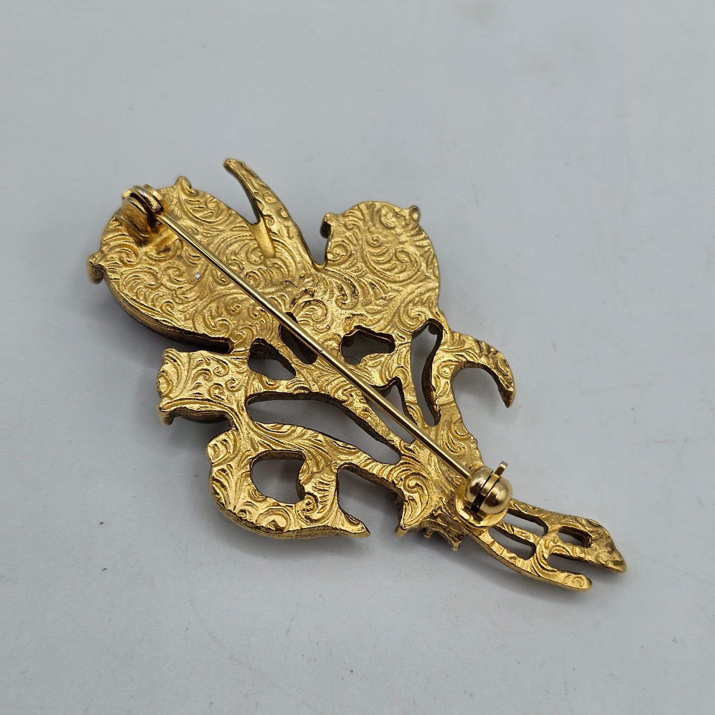 Vintage Gold Tone Flower Bouquet Brooch with Amber Jade Glass Cabochons and Crystal Rhinestones - Pin Back