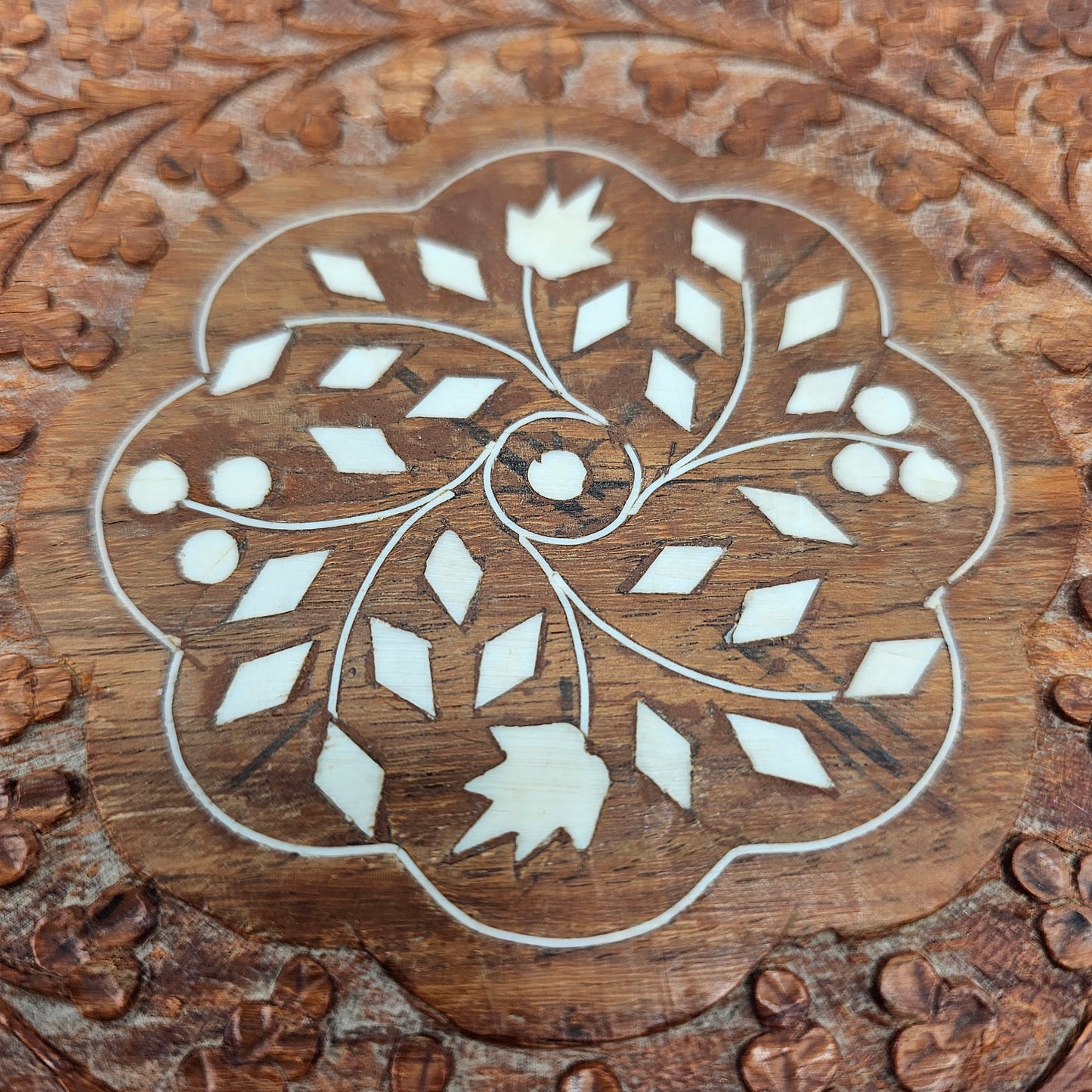 Square Hand Carved Inlaid Wooden Jewelry Box with Hinged Lid