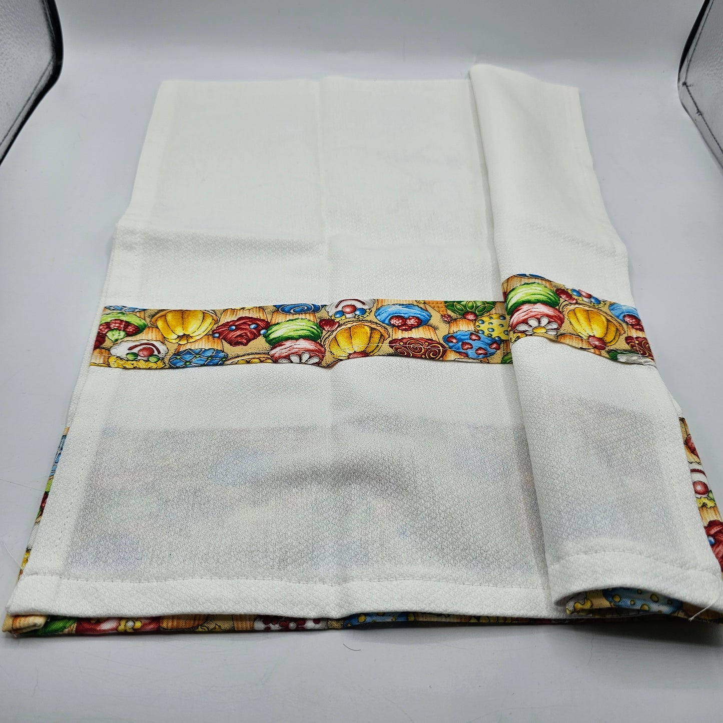 Embroidered Sunbonnet Sam with Fishing Pole and Tackle Box on Kitchen Tea Towel with Cupcake Fabric