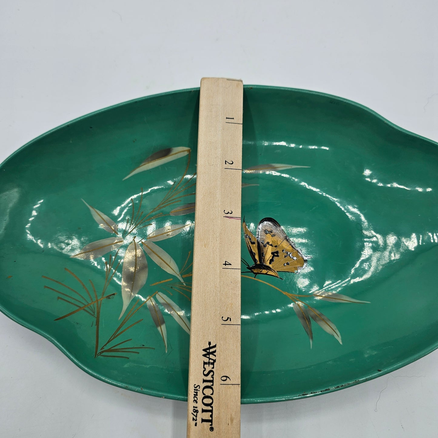 Vintage Turquoise Lacquerware with Hand Painted Butterfly by Catalina Woodenware of California