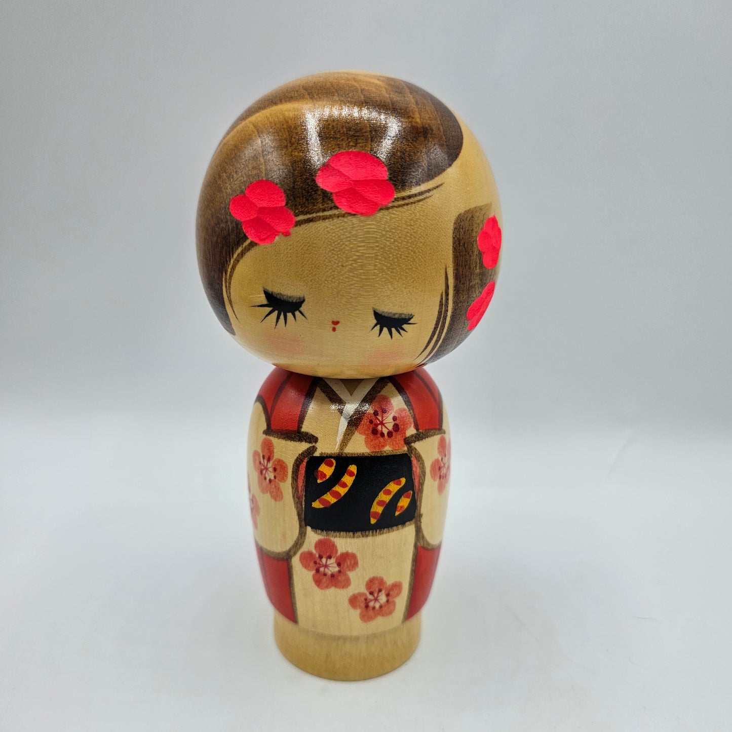 Kokeshi Doll Girl with Cherry Blossoms - Signed, Made in Japan