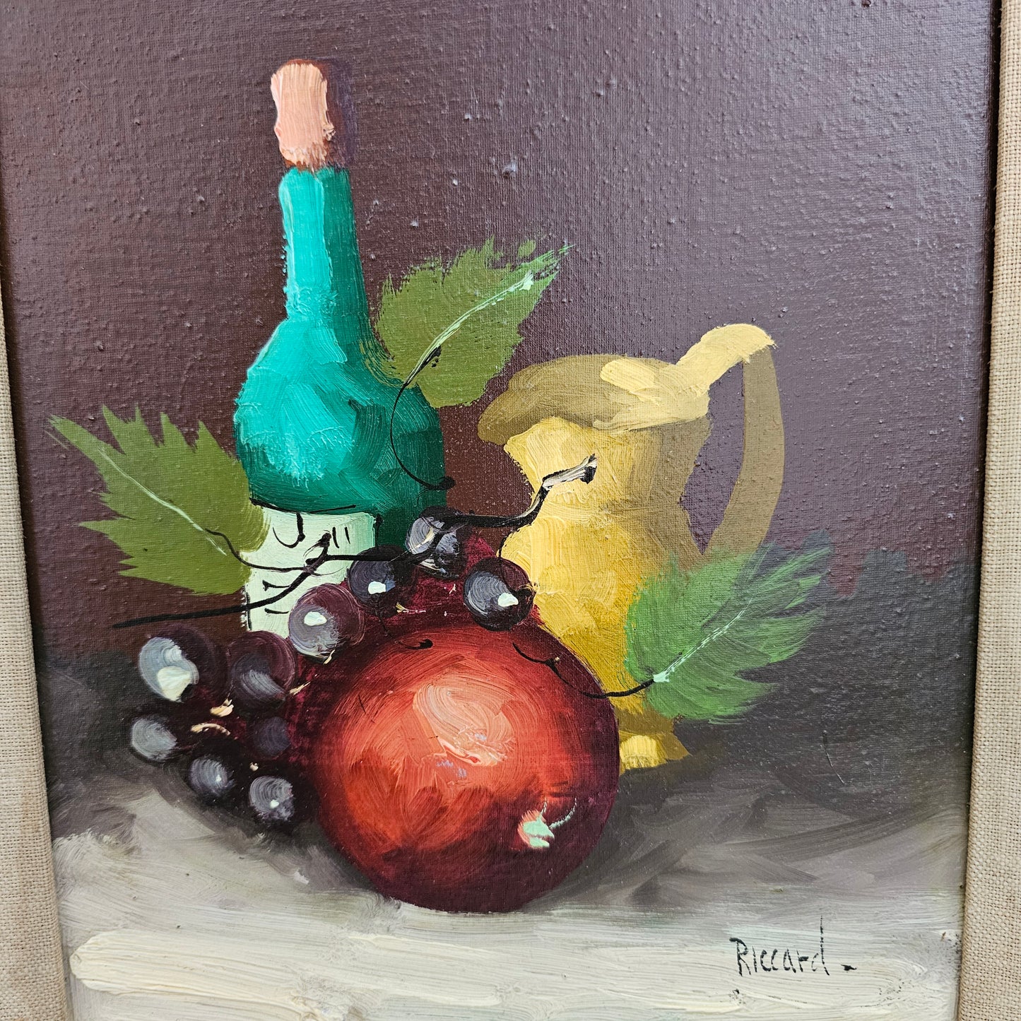 Wood Framed Original Oil Painting - Still Life of Fruit and Wine - Signed Riccard 15" x 17"
