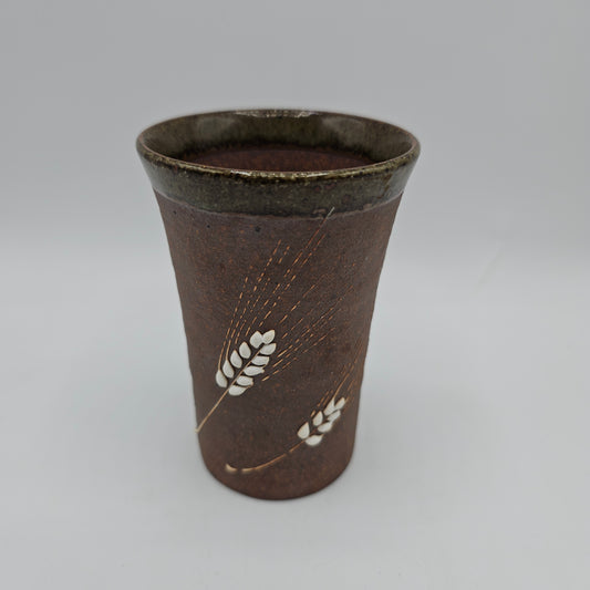 Artisan Pottery Brown Juice Cup / Vase with White Wheat Stems