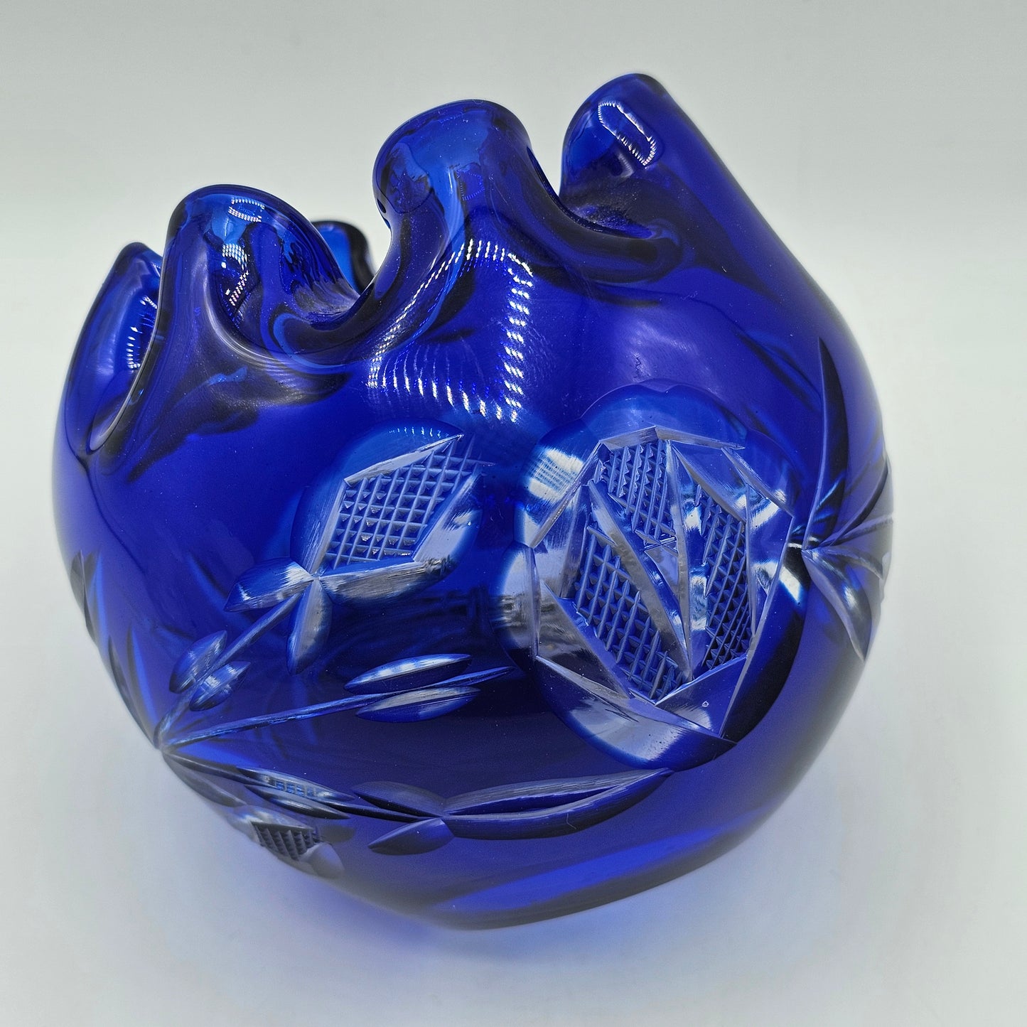Bohemian Cobalt Blue Hand Cut-to-Clear Glass Rose Bowl with Ruffled Top Rim