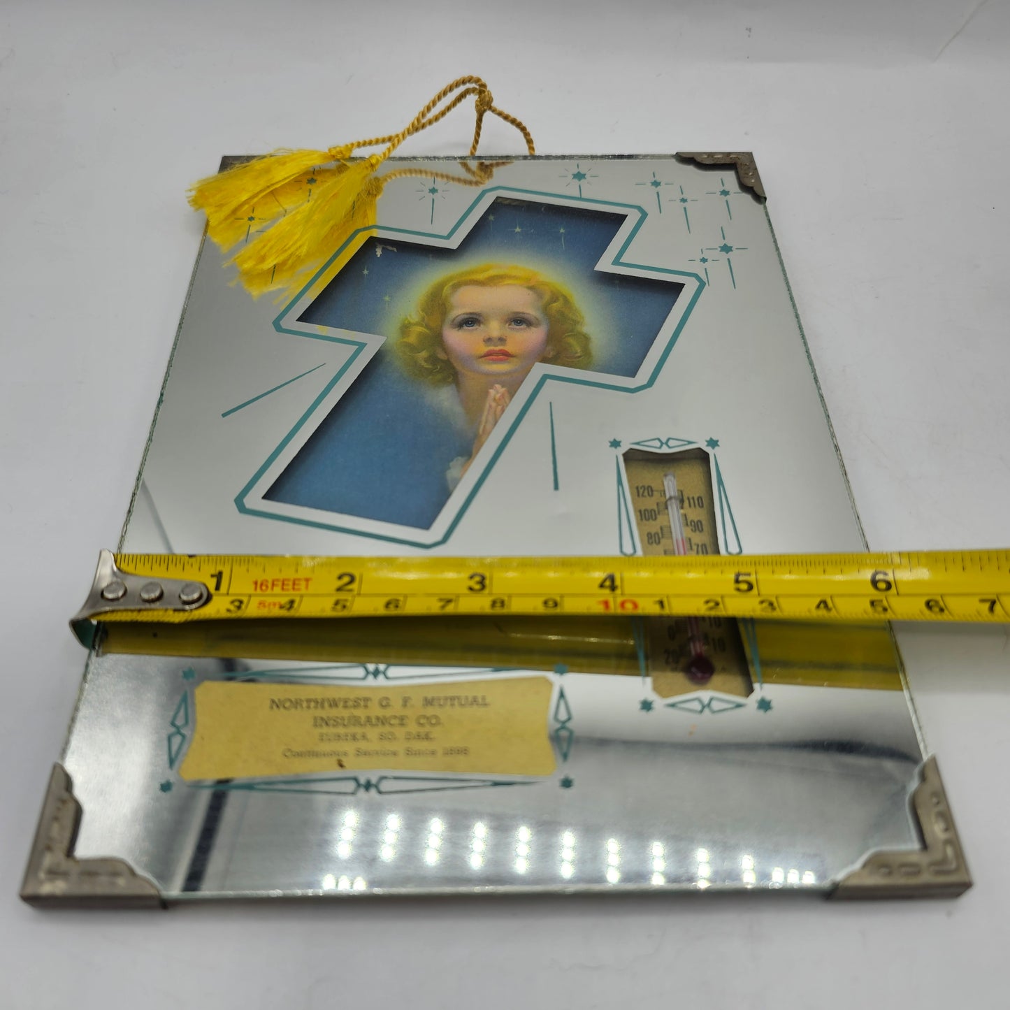 Rare Praying Girl Cross Mirrored Advertising Thermometer Northwest Mutual Insurance Co, Eureka South Dakota