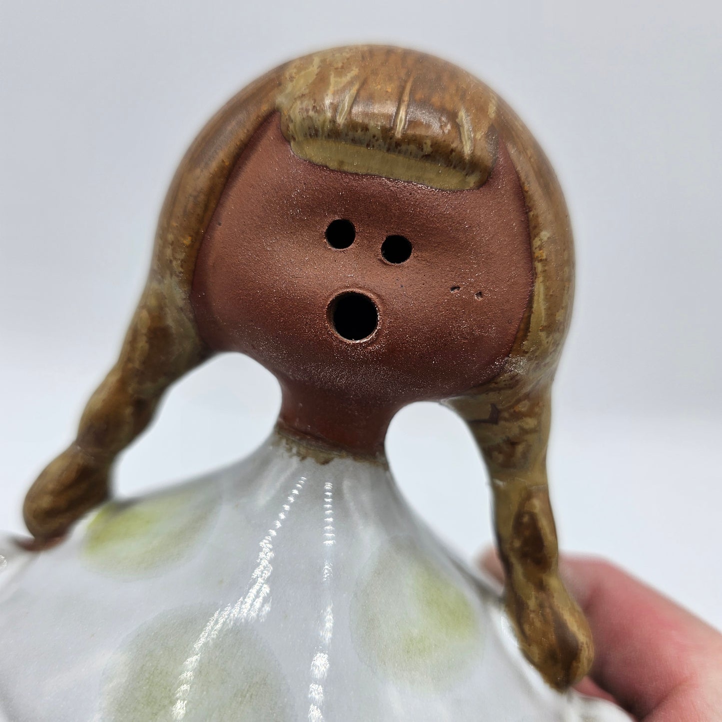 Vintage Scandinavian pottery candle holder 1970s girl with green dots glaze