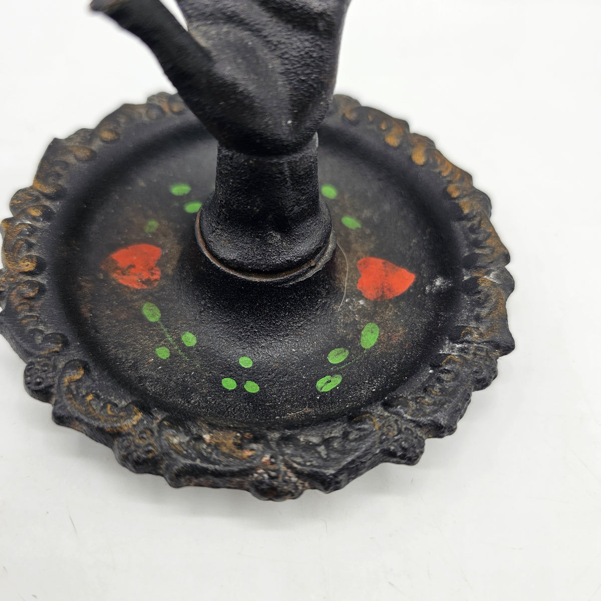 Vintage Wilton Black Hand Cast Iron Ring Trinket Jewelry Dish Hand Painted with Flowers