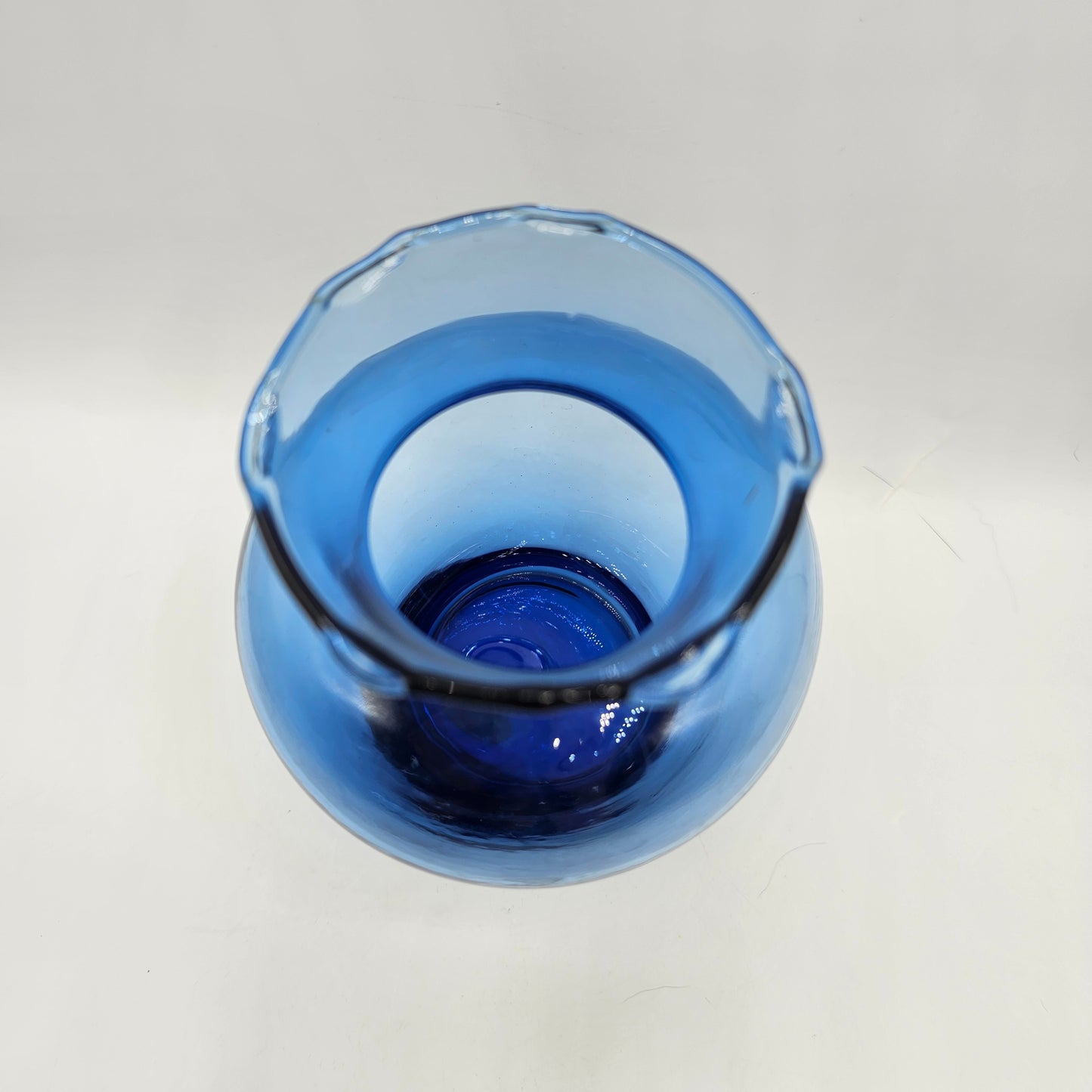 Vintage Hand Blown Ruffle Top Blue Glass Vase