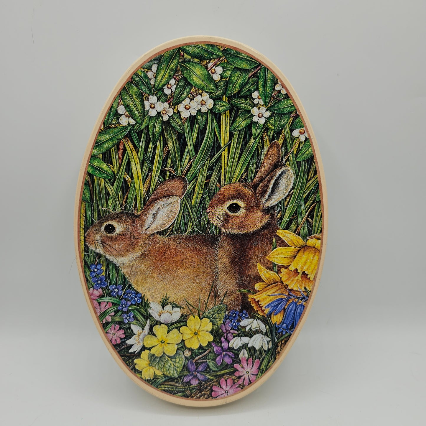Egg Shaped Metal Tin with Bunnies and Flowers
