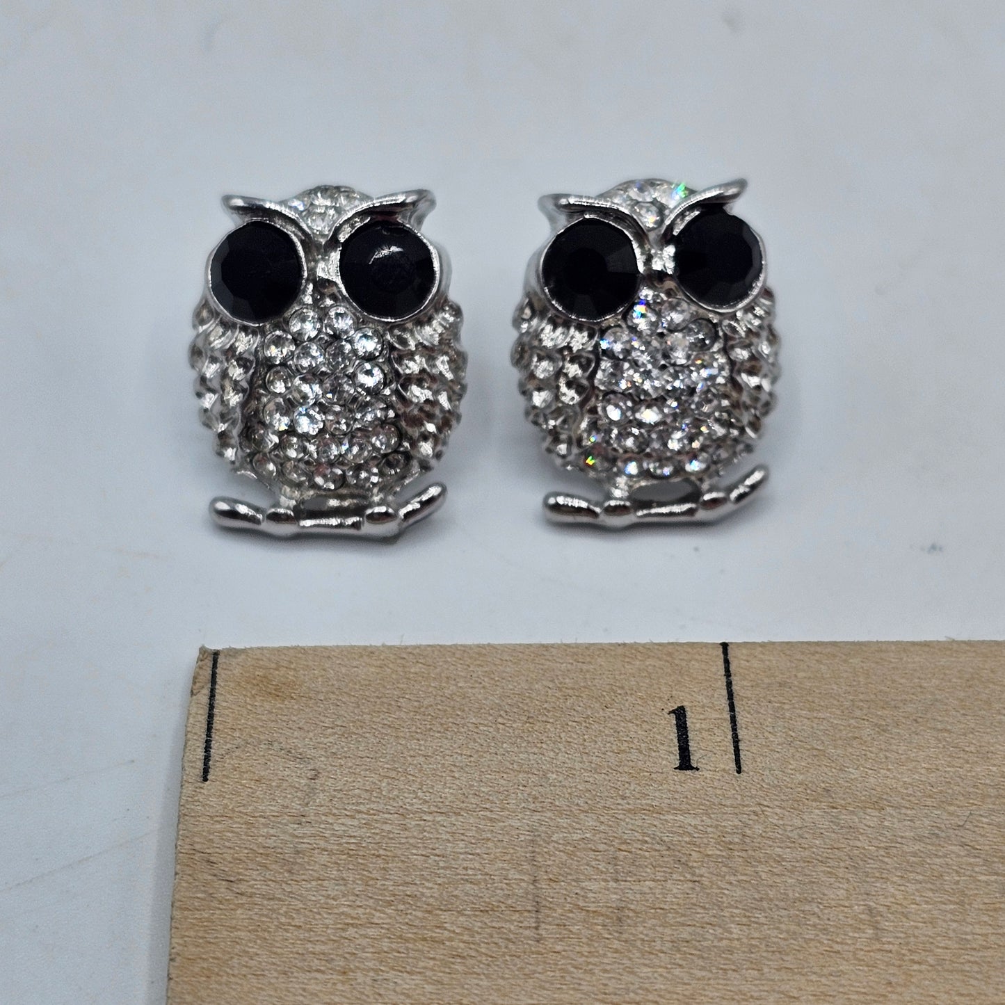 Owl Pierced Earrings - Silver Tone with Black Onyx Eyes and Clear Crystals