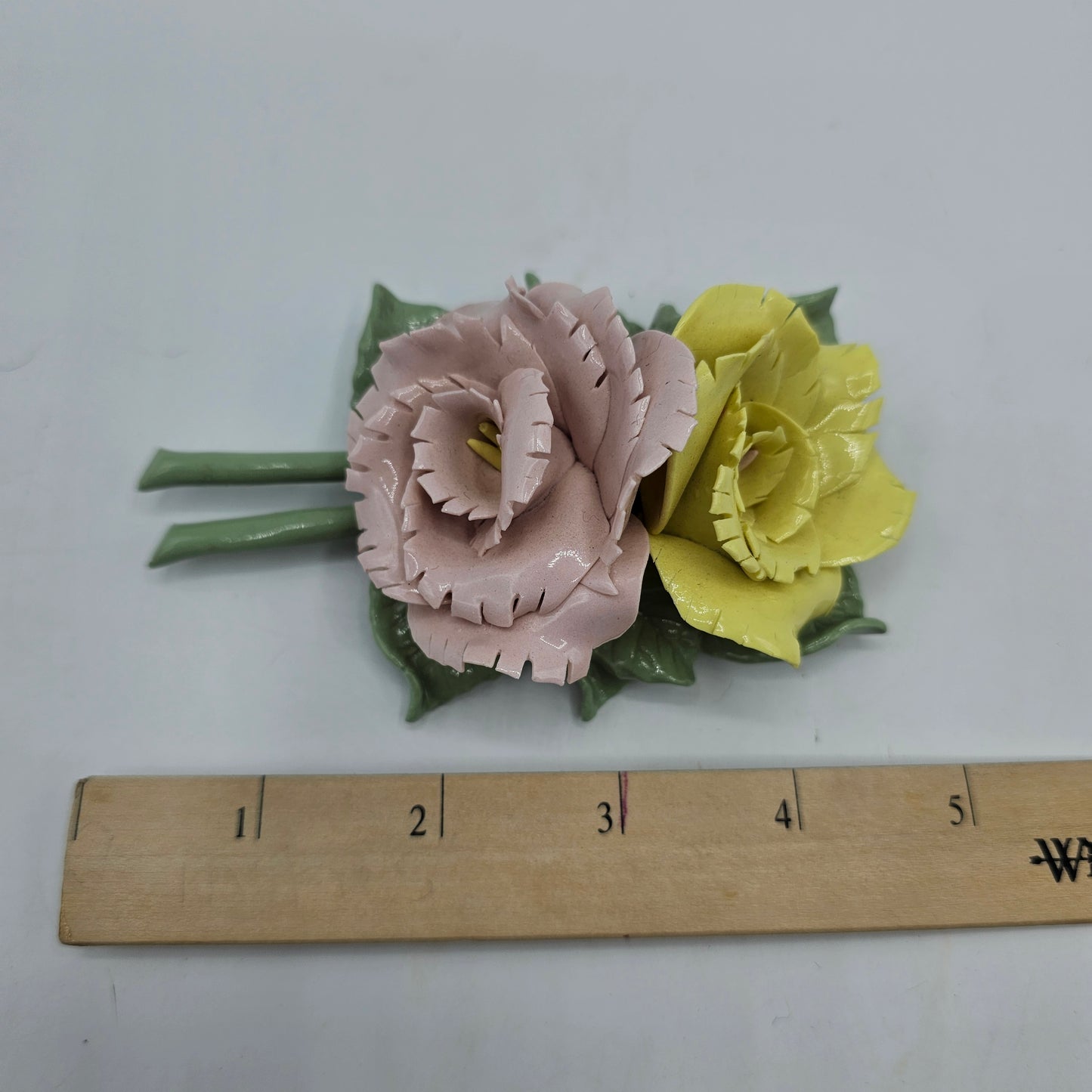 Artisan Pottery Pink and Yellow Roses Pin on Brooch