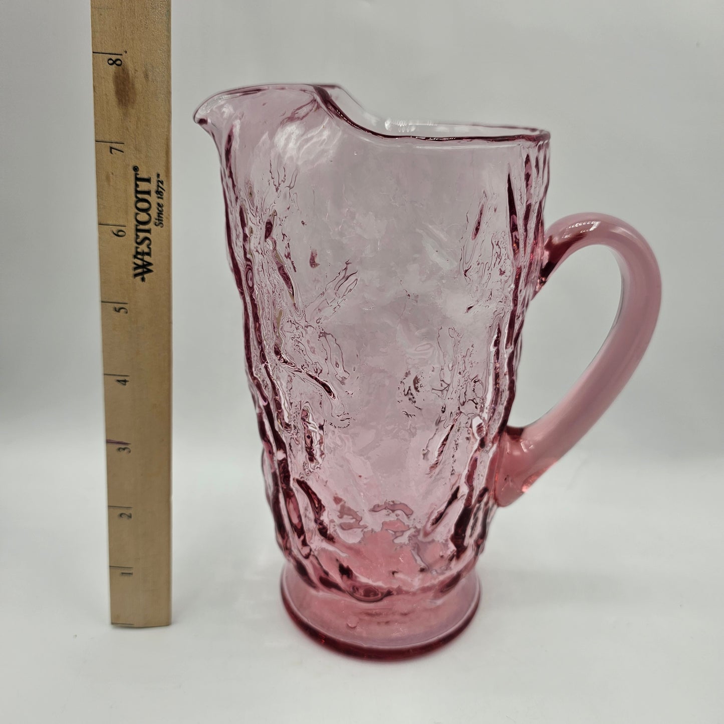 Pink Crinkle Glass Jug and 3 Pedestal Stemmed Wine Glass Goblets by Seneca