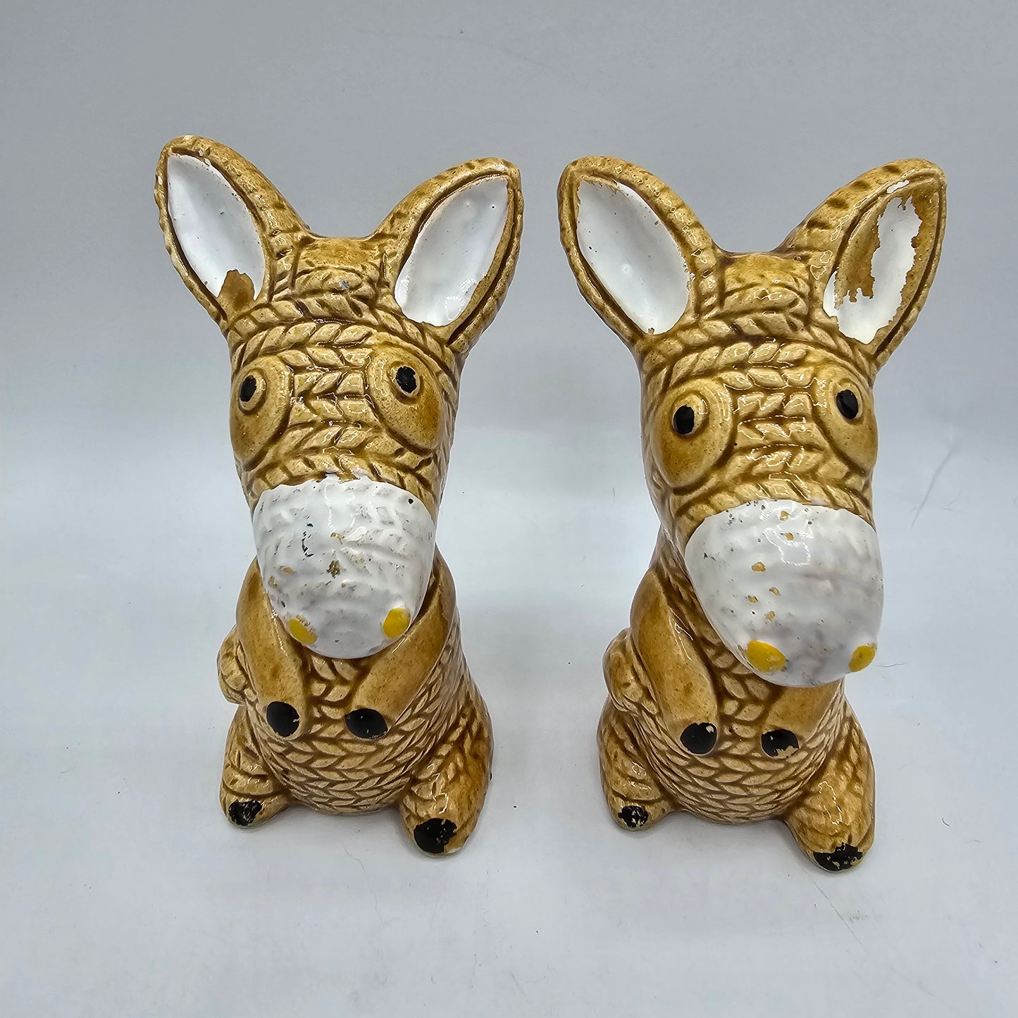Vintage Straw Rope Look Cold Painted Ceramic "Salt and Pepper Prototype" Dog Figurines (not functional; they do not have shaker holes)