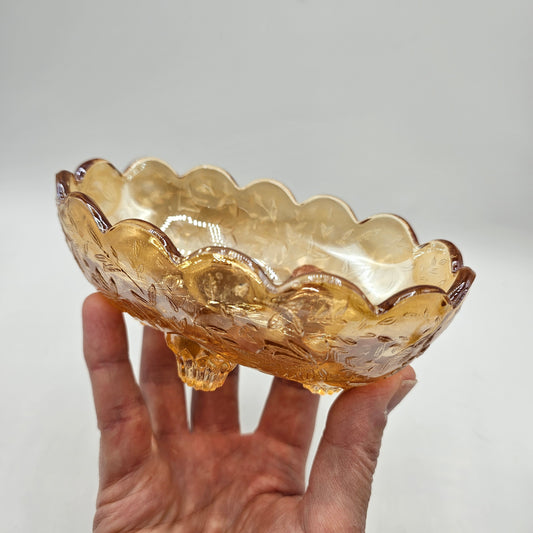 Jeanette Glass Floragold Iridescent Peach Footed Candy Dish with Raised Design-  5.5 x 3.5 x 2" high