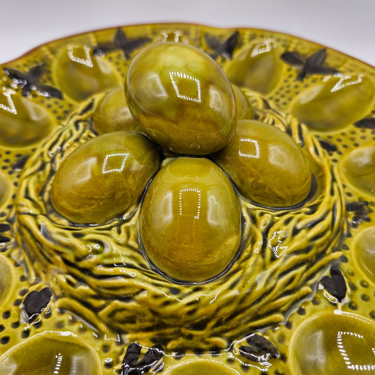 Vintage Avocado Green Glazed Devilved Egg Serving Dish with Eggs on a Nest