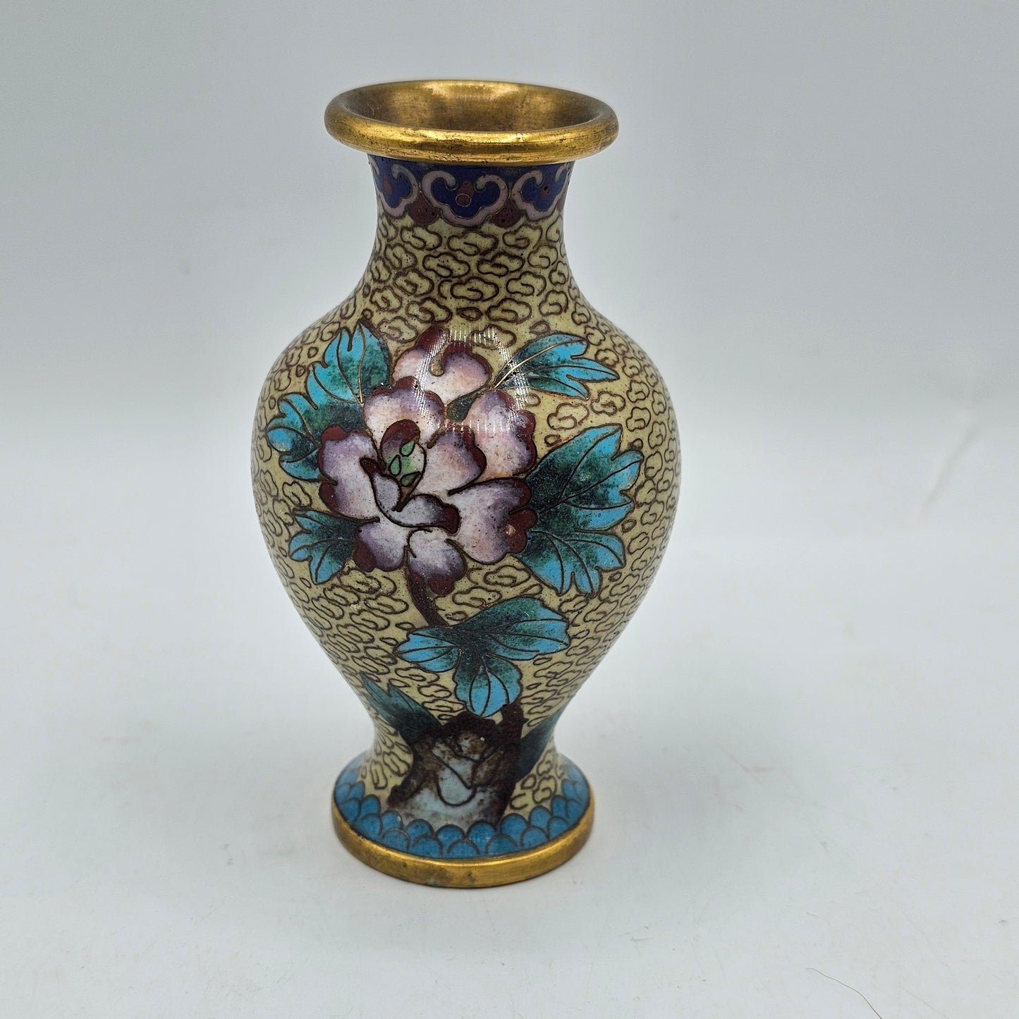 Enamelled Cloisonne Style Bud Vase - Gold Tone Metal with Floral Design
