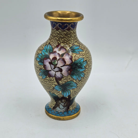 Enamelled Cloisonne Style Bud Vase - Gold Tone Metal with Floral Design