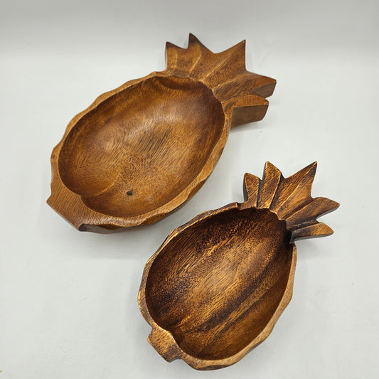 Vintage Carved Wood Nesting Pineapple Bowls - Set of 2