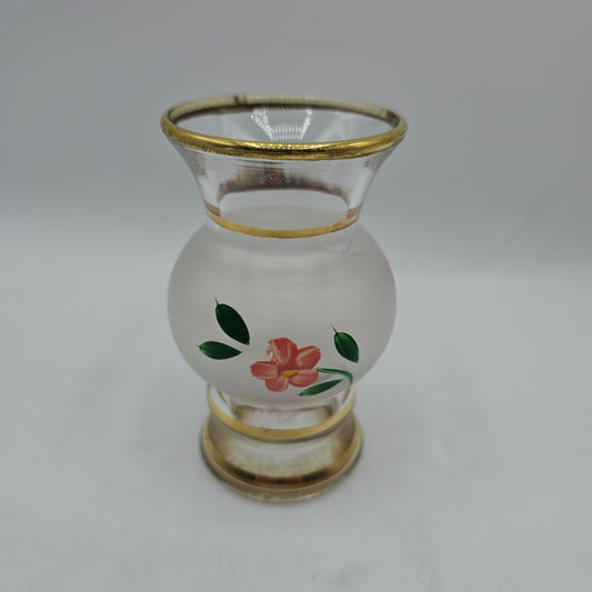 Vintage Bristol Glass Bud Vase with Gold Gilt and Hand Painted Pink Flower