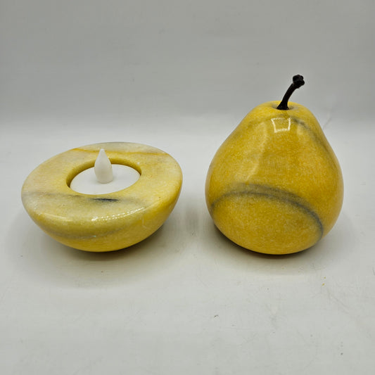 Yellow Alabaster Stone Pear and Tealight Candle Holder Set
