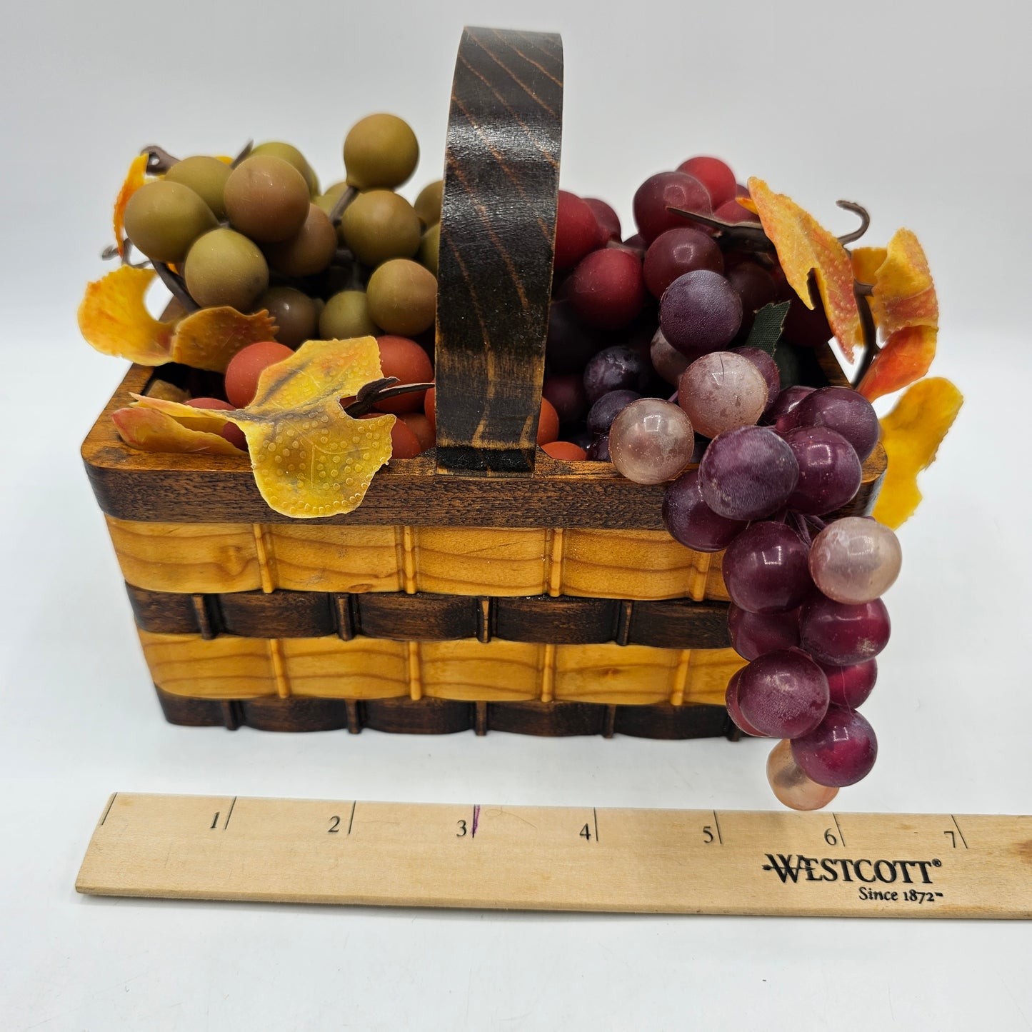 Artist Signed Carved Wood "Woven" Basket with Vintage Rubber Grapes