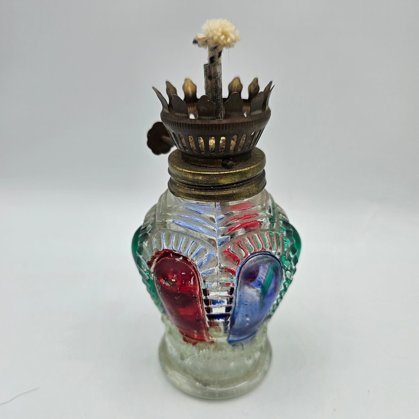 Vintage Small Painted Panel Glass Hurricane Oil Lamp with Wick