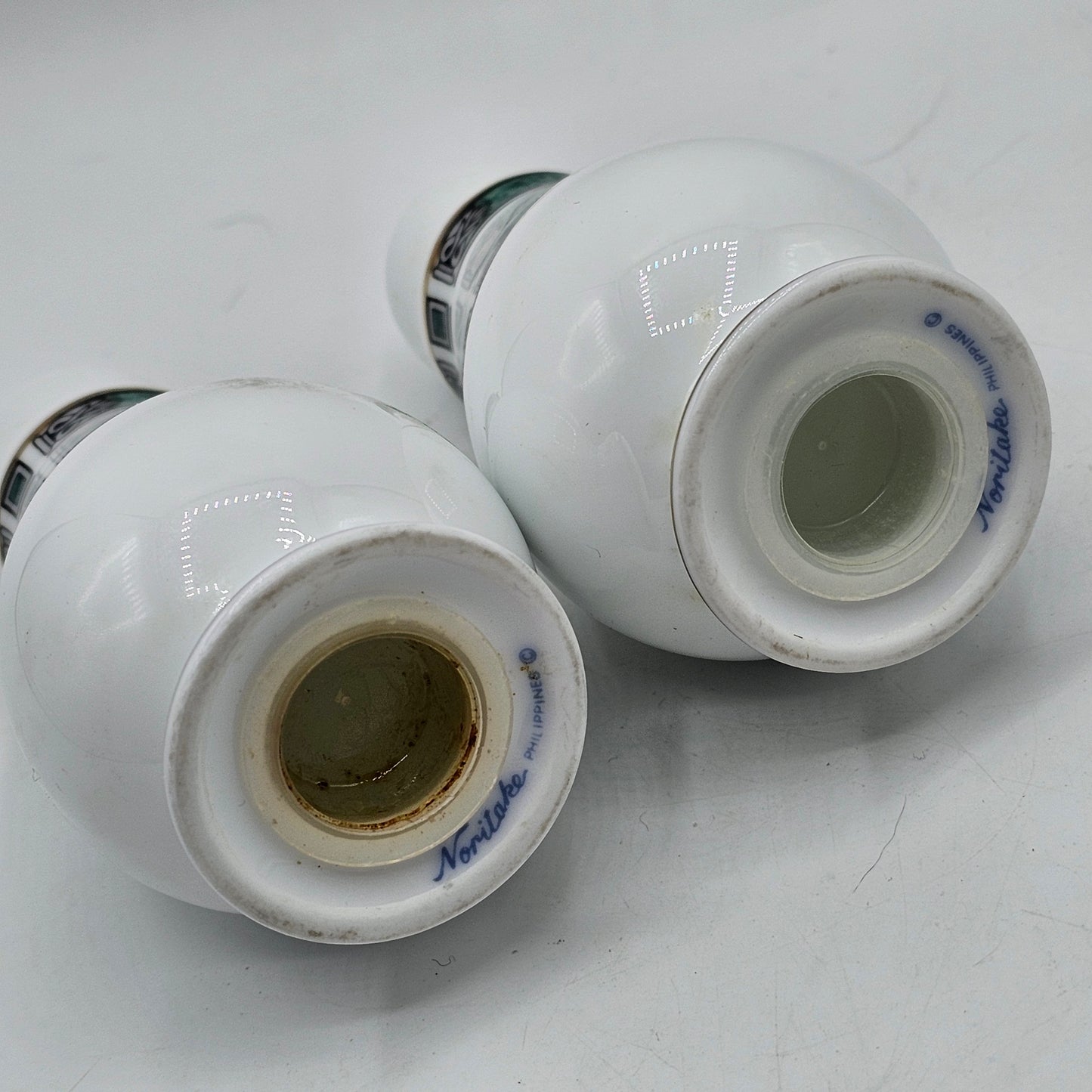 Noritake Green Gold Stripe Salt and Pepper Shakers Teardrop Shape
