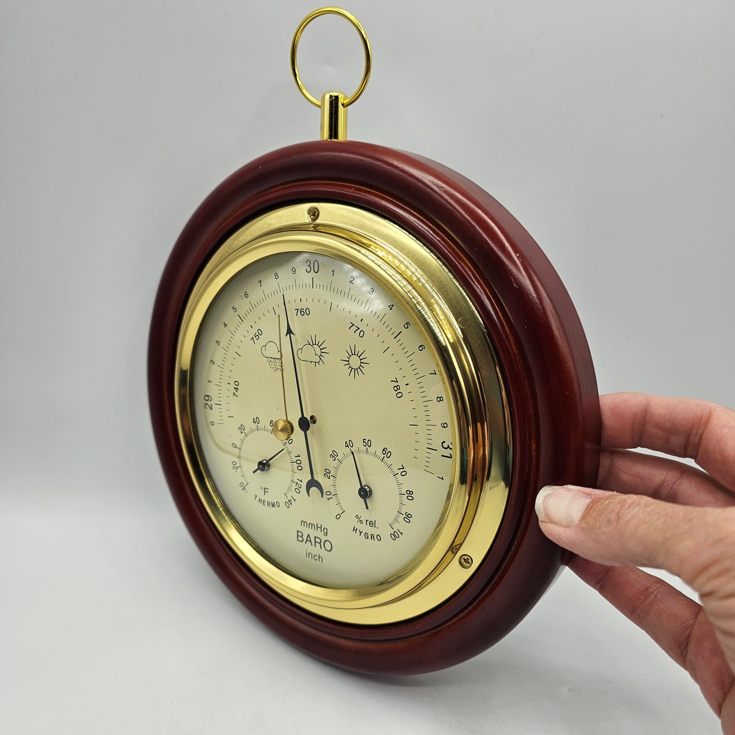 Ambient Weather Traditional Wall Barometer with Temperature and Humidity, Cherry Finish, Tan Dial