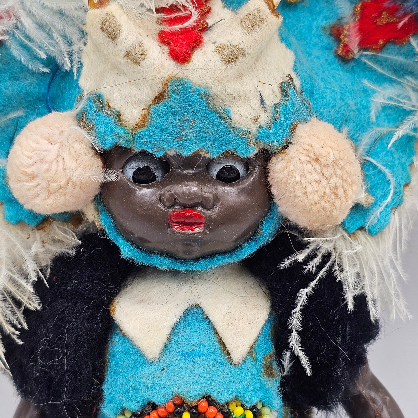 Vintage African Tribal Doll with Beaded Feathered Costume