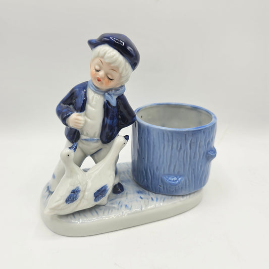 Delft Blue Style Boy Feeding Geese Porcelain Figurine