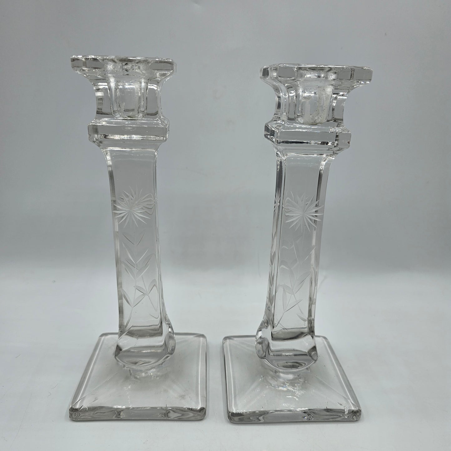 Vintage Etched Glass Taper Candlestick Pair