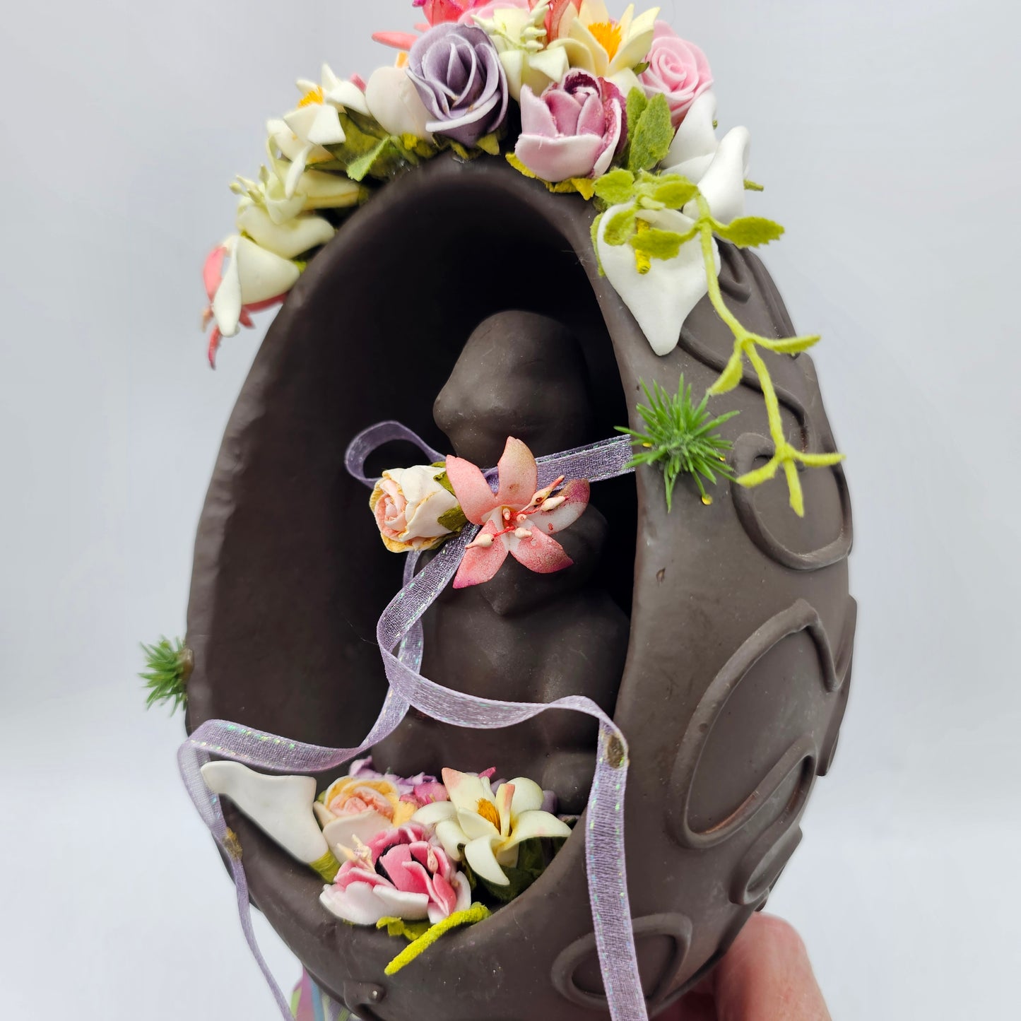 Faux Chocolate Easter Egg Decor with Bunny Rabbit and Foam Spring Flowers