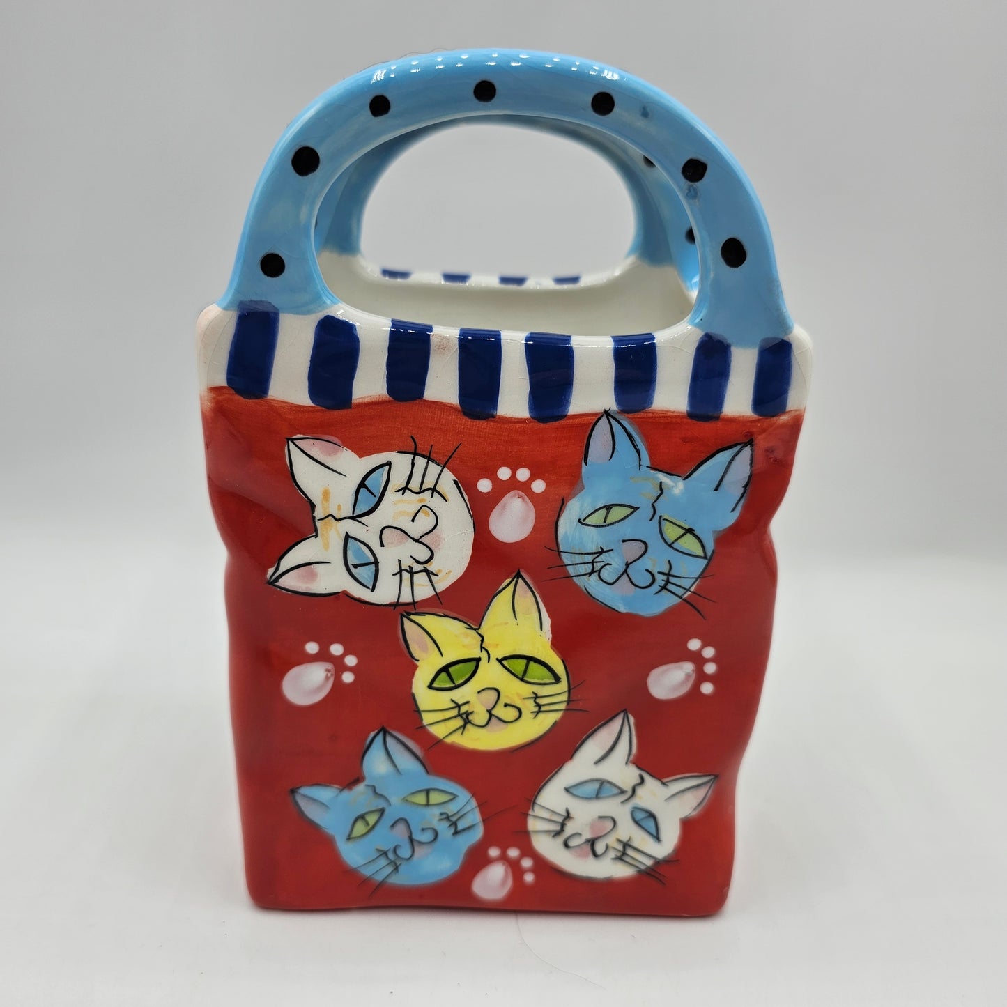 Ceramic Gift Bag Shaped Vase with Cat Faces by Ganz