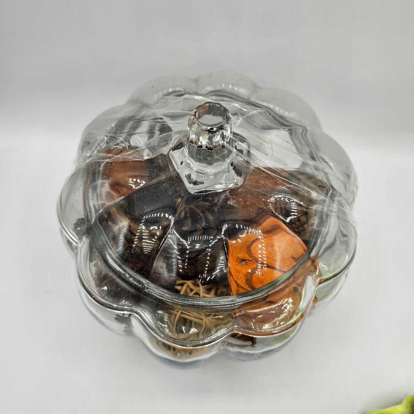 Glass Pumpkin Cookie Jar with Pinecones and Fall Filler
