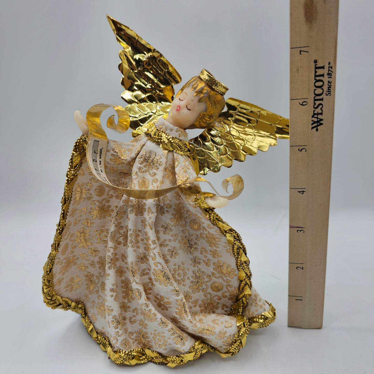 Vintage German Wax Face and Hands Gold Angel Tree Topper 1950's By Koestel (damage noted)