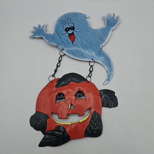 Vintage Halloween Ghost and Jack O Lantern Pumpkin Metal Wall Hanging Plaque