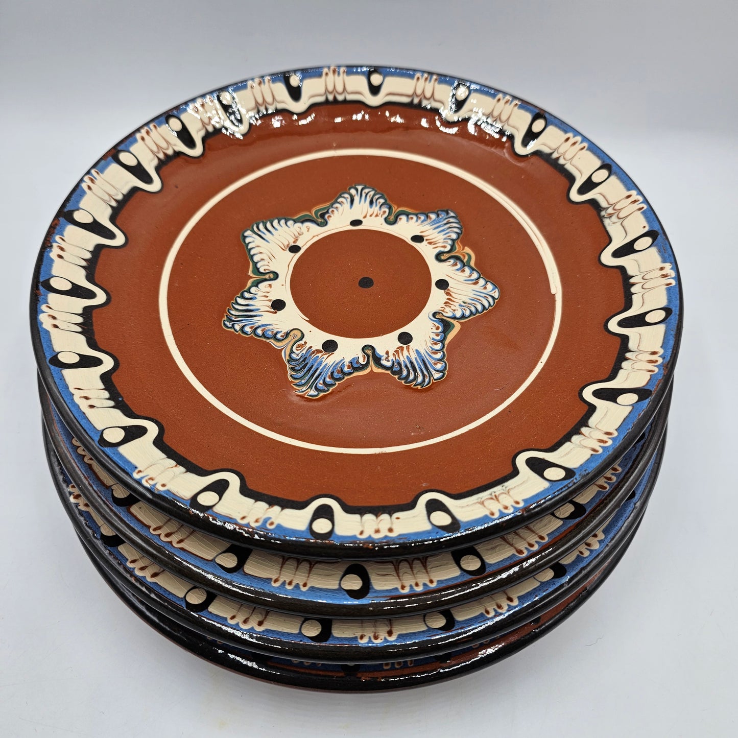 Bulgarian Troyan Pottery Plates, Handcrafted from Drip Glazed Terracotta Redware with a Feather Pulled Slip Design - Set of 4