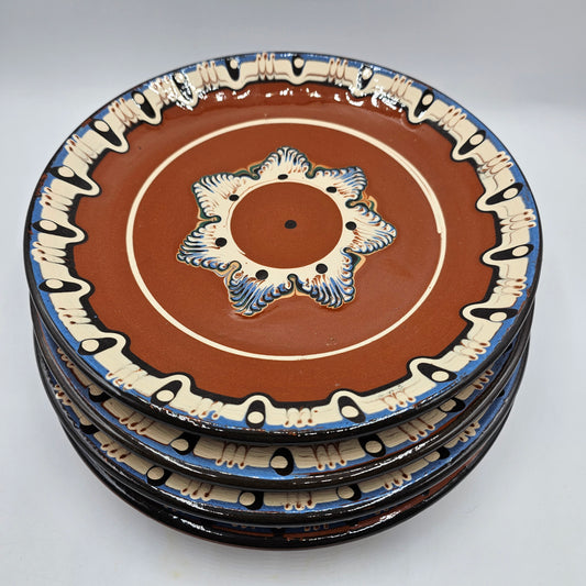Bulgarian Troyan Pottery Plates, Handcrafted from Drip Glazed Terracotta Redware with a Feather Pulled Slip Design - Set of 4