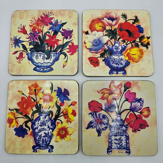 Flowers in Delft Blue Chinoiserie Vases - Cork Backed Coasters - Home Essentials by Godinger - Set of 4 Different Designs