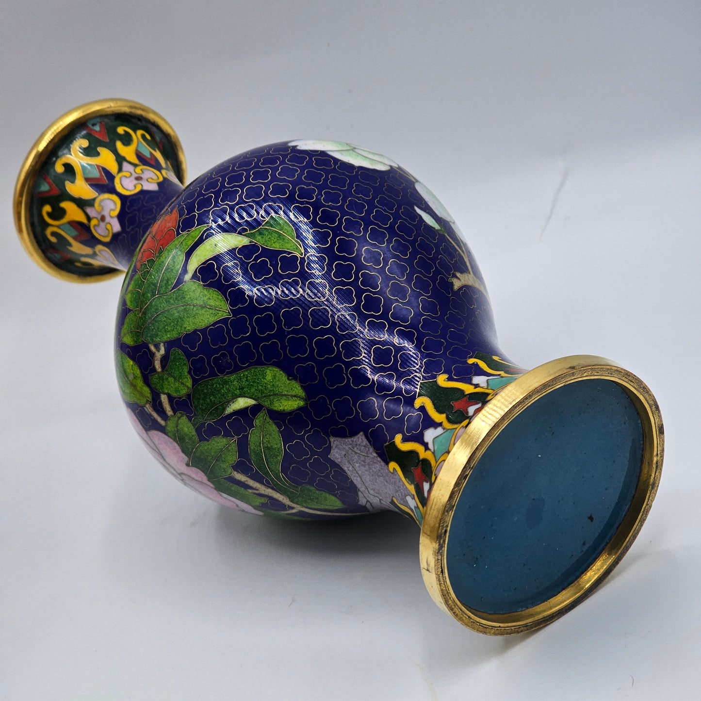 Cloisonne Enamel on Brass Vase with Blue Base