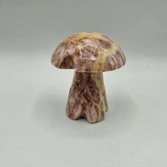 Pink and Yellow Carved Stone Mushroom Figurine
